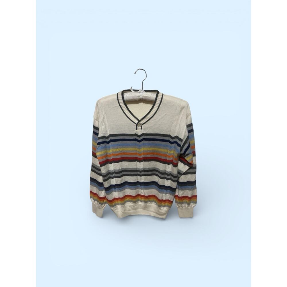 Pagelo Men’s Long Sleeve Multicolored Striped Sweater Size M V-neck Lightweight